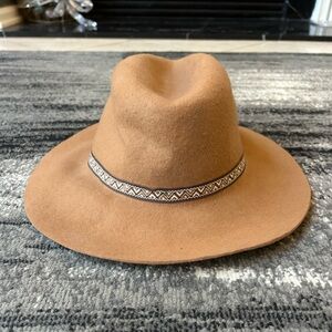 Tan Felt Wide Brim Hat With Geometric Detail & Adjustable Inside
